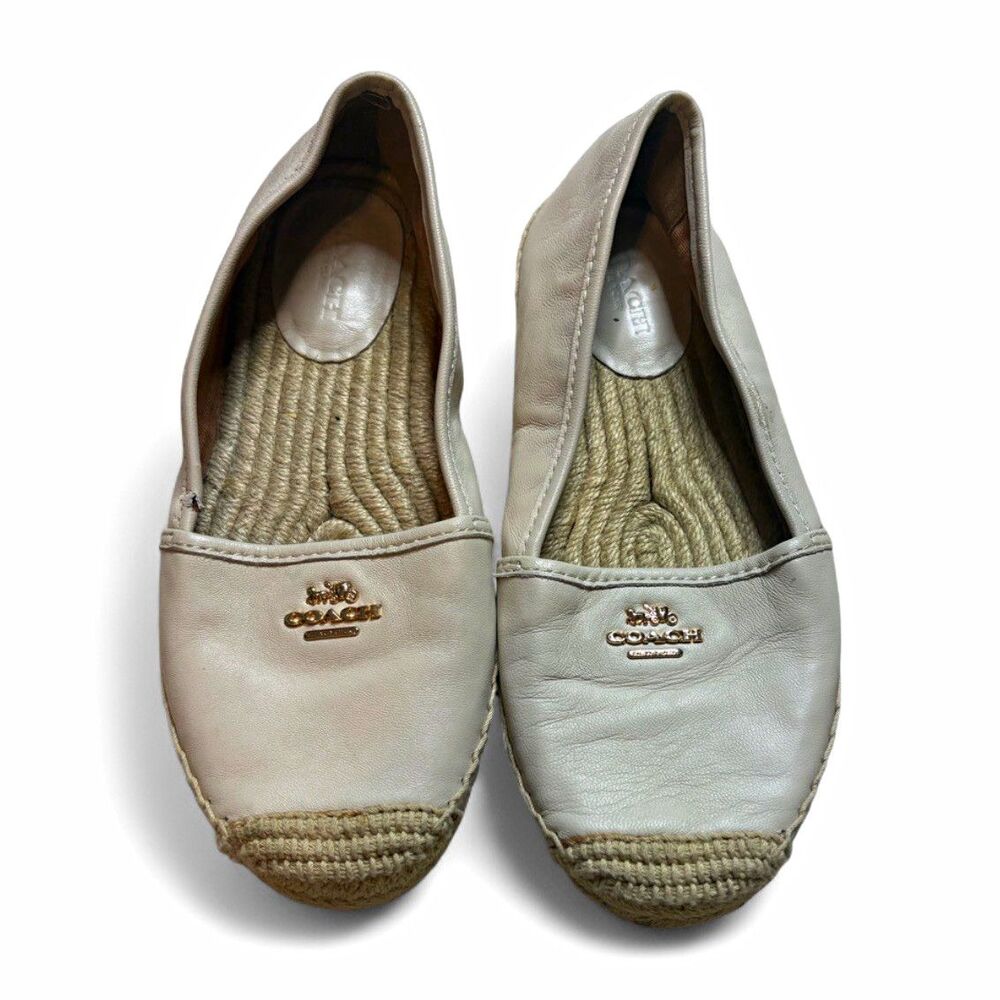 Coach Rhodelle Cream Leather Espadrille Flats Metallic Logo Size 6B